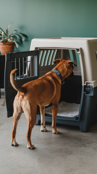 A dog looking it to a crate - training in preparation for traveling