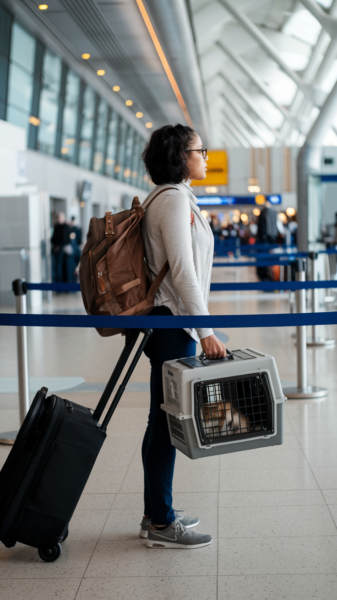 A woman is in line at the airport traveling with her cat in a carrier.