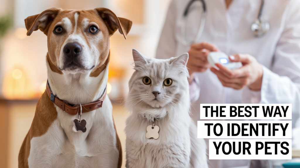 A cat and a dog wearing ID tags with a person in the background holding a microchip reader