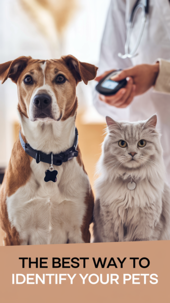 A dog and a cat wearing ID tags and a person in the background holding a chip reader. Text says The Best Way to Identify Your Pets.