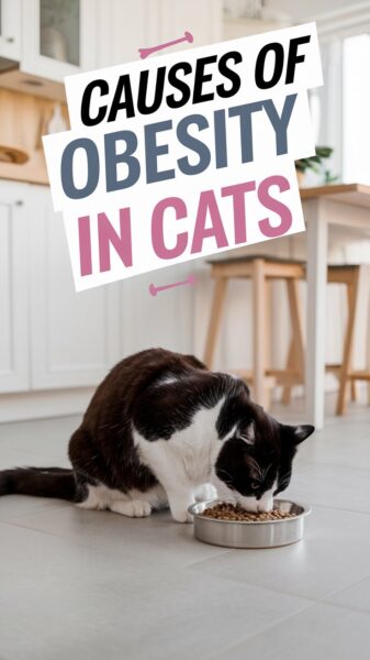 An overweight cat eating dry kibble with text that says Causes of Obesity in Cats