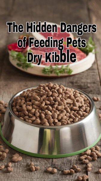 A dish of dry kibble with a dish of fresh food in the background. 