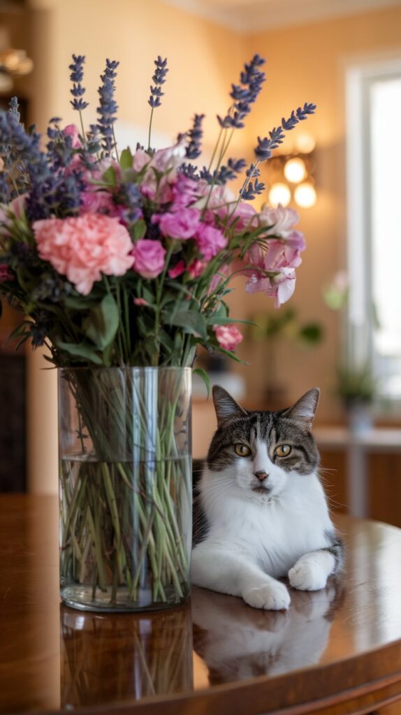 a gray and white tabby cat laying next to a vase of beautiful pink flowers with lavender sprigs.