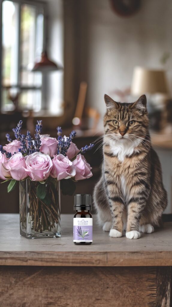 A tabby cat sitting next to a vase of flowers with lavender springs and a bottle of lavender essential oil.