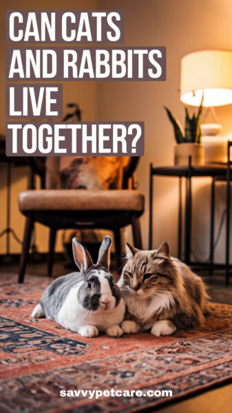 A fluffy tabby cat and a gray and white rabbit with gray spots peacefully lying side by side on a cozy rug, showcasing harmony between these two different species.