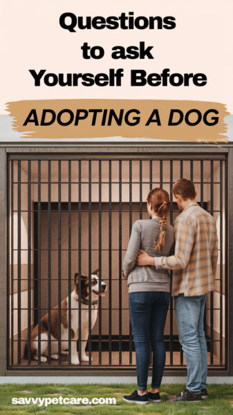 A couple looking at a dog in a shelter deciding whether or not to adopt it.