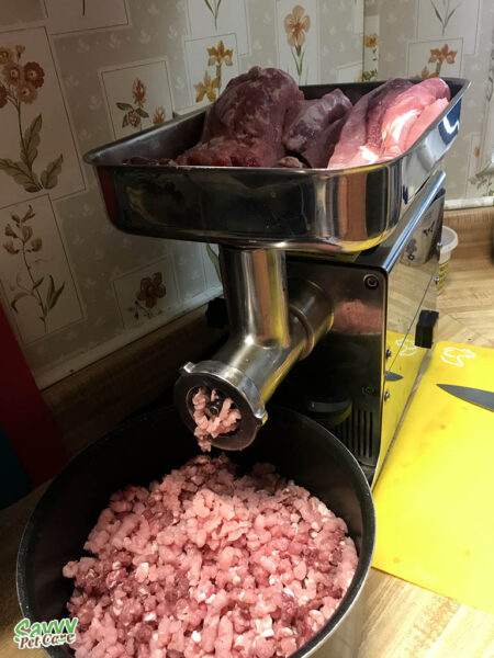 raw meat in a grinder to prepare a raw diet recipe for cats