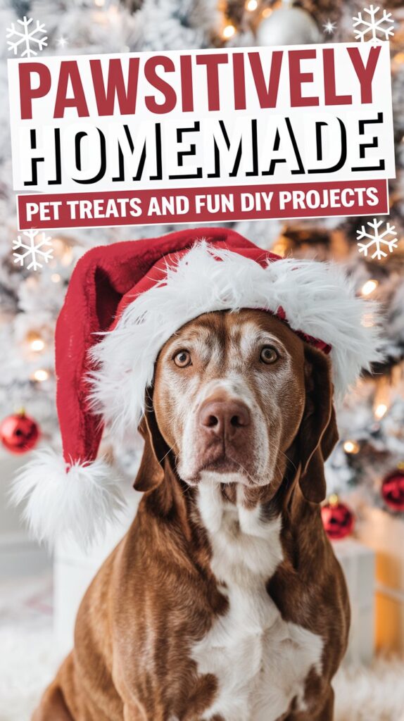 A cute brown dog in a santa hat and text overlay that says "Pawsitively Homemade: Pet Treats and Fun DIY Projects"