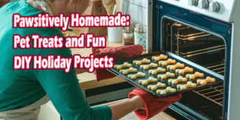 A woman taking a tray of bone shaped dog treats out of the oven