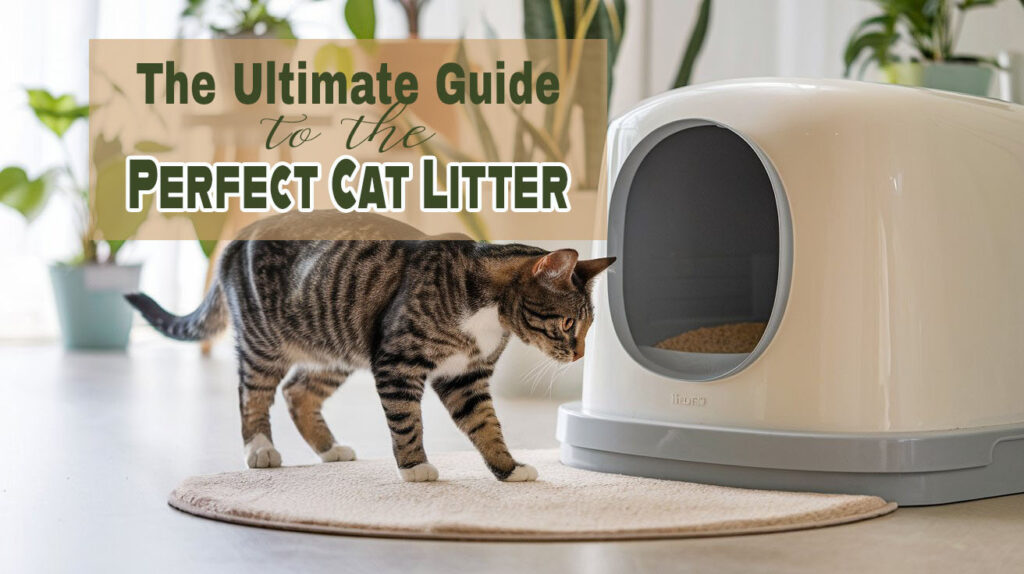 a tabby cat in front of a litter box with text overlay that says "The Ultimate Guide to the Perfect Cat Litter"