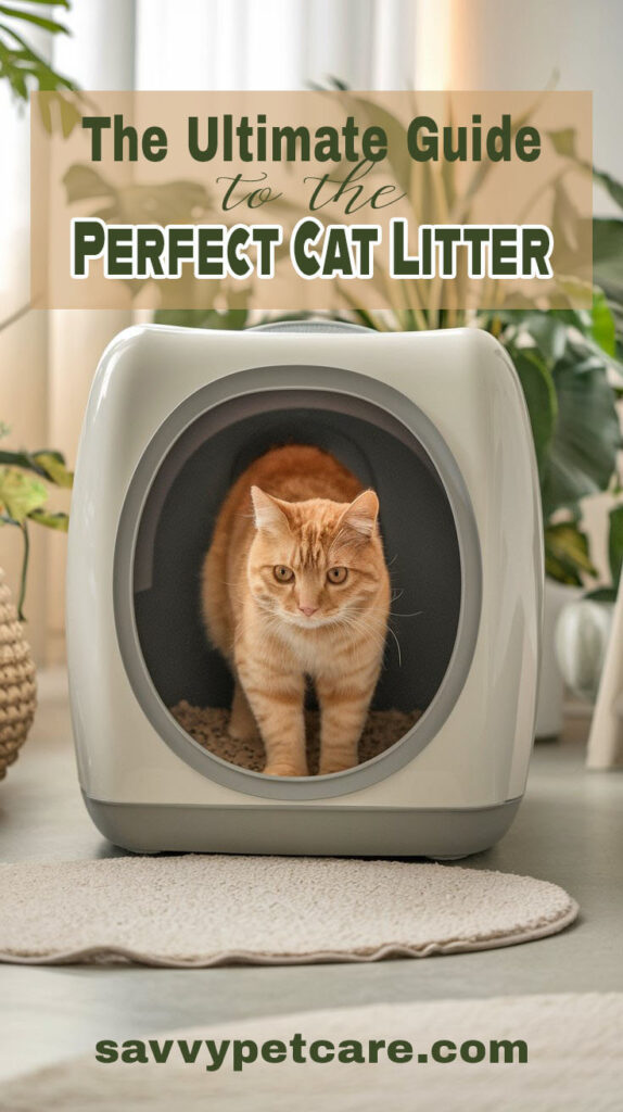 an orange tabby cat in a litter box with text overlay that says "The Ultimate Guide to the Perfect Cat Litter"