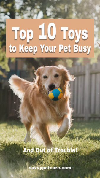 dog running with a ball in its mouth. text overlay says "Tp[ 10 Toys to Keep Your Pet Busy and Out of Trouble!