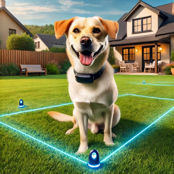 a dog sitting in a simulation of a GPS dog fence bondary