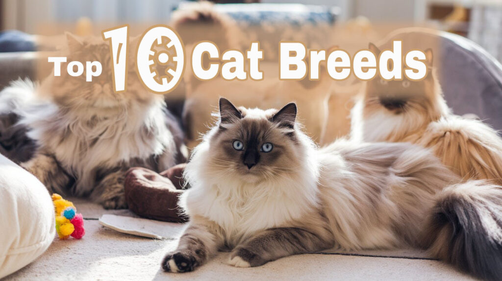 several cats in the background with a Himalayan cat in the foreground. Text overlay says "Top 10 Cat Breeds".