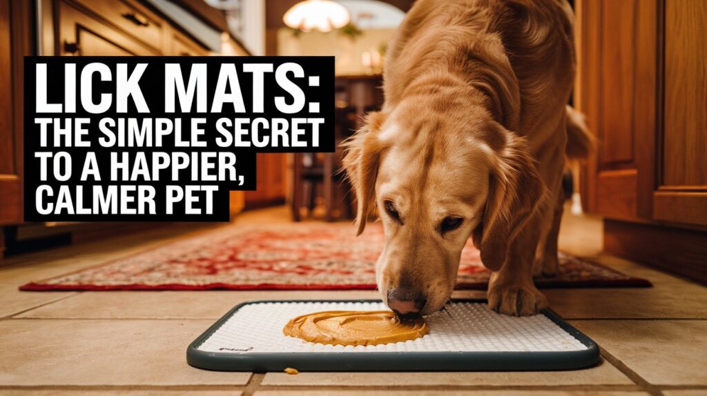 A golden retriever licking food from a lick mat. Text overlay says "Lick Mats: The Simple Secret to a Happier, Calmer Pet"