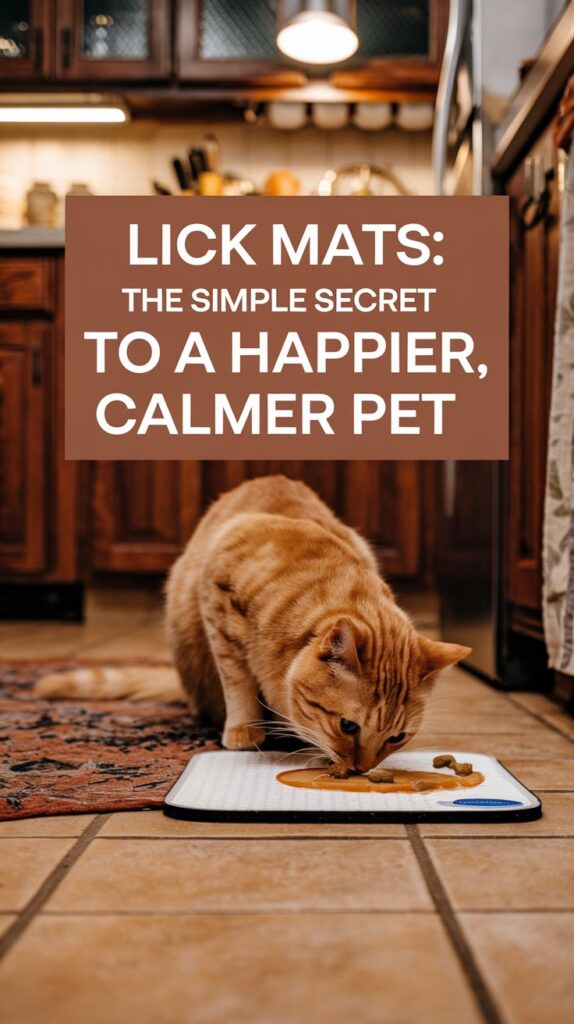 An orange cat licking food from a lick mat. Text overlay says "Lick Mats: The Simple Secret to a Happier, Calmer Pet"