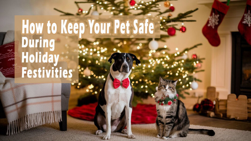 A dog and cat in front of a decorated tree in a festive room. Text overlay says "How to Keep Your Pet Safe During Holiday Festivities."