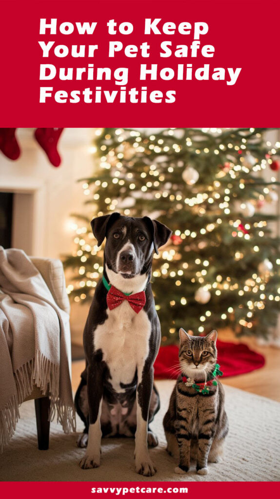 A dog and a cat in front of a Christmas tree with text overlay that says "How to Keep Your Pet Save During Holiday Festivities".