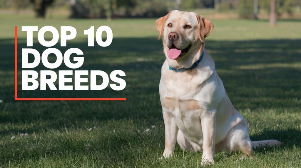 a Labrador retriever sitting on a lawn with text overlay that says "Top 10 Dog Breeds"