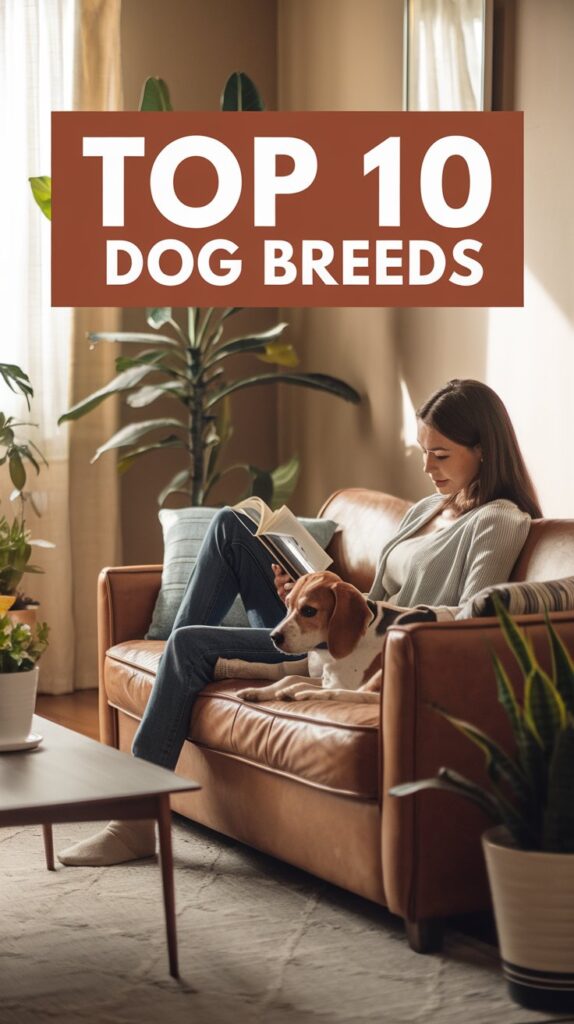 A woman is sitting on the couch reading a book. A beagle is laying on the couch next to her. A text overlay says "Top 10 Dog Breeds".