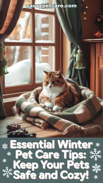 A cat is snuggled in a cozy bed by a window with a winter scene outside. Text overlay says "Essential Winter Pet Care Tips: Keep Your Pets Safe and Cozy!"