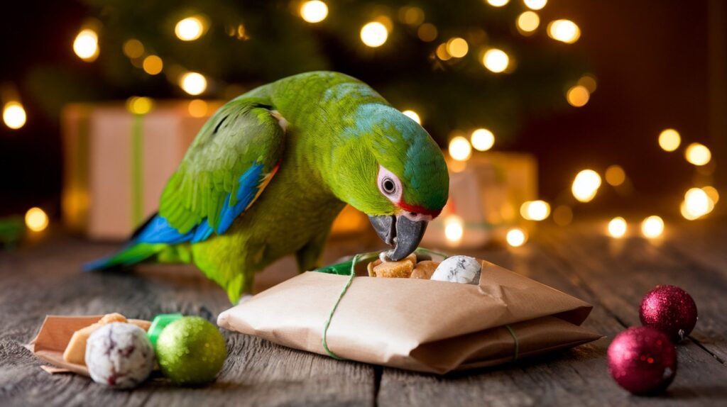 a parrot opening a wrapped package of treats which is a great idea for enrichment for birds