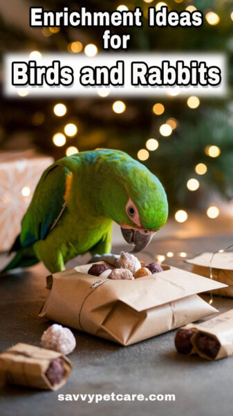 parrot opening a gift with text overlay Enrichment Ideas for Birds and Rabbits