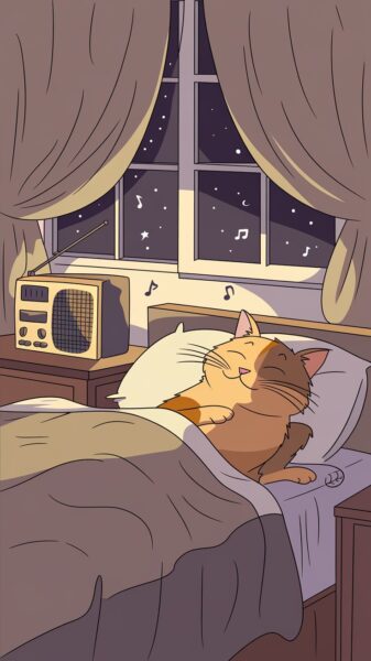 A cartoon image of a cat in bed listening to soothing music.