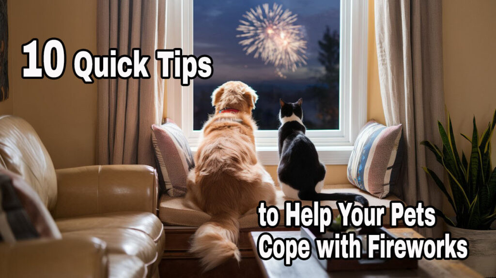 A calm dog and cat watching fireworks out the window. Text overlay says 10 Quick Tips to Help Your Pets Cope with Fireworks.