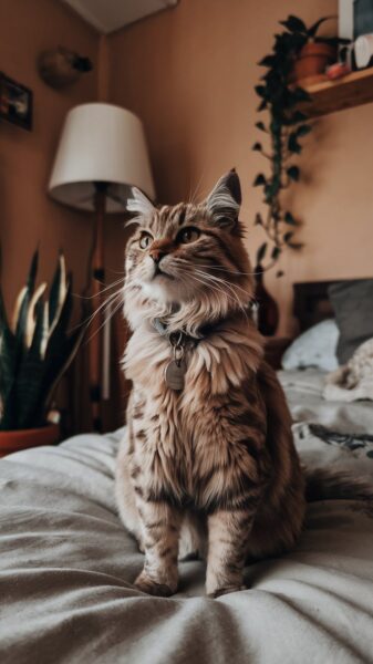 A cat sitting up on a bed wearing a collar and tags. 