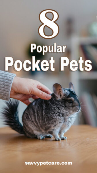 A photo of a hand petting a chinchilla. Text overlay says 8 Popular Pocket Pets.