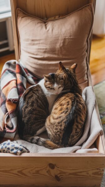 Create a DIY cozy den using a large box, soft blankets, and pillows. Cats and small dogs love the feeling of security and warmth these spaces provide.