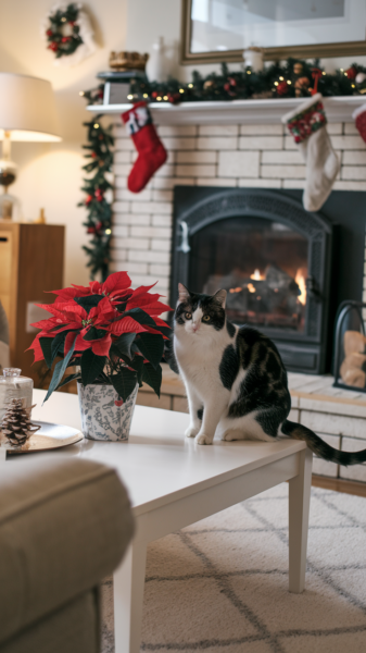 Many winter plants and decorations are dangerous for pets. Poinsettias, holly, and mistletoe can be toxic if ingested.