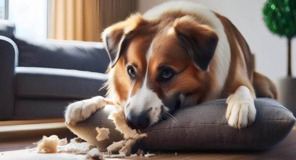 dog chewing a sofa cushion