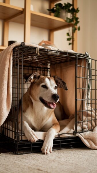 A dog is calmly laying is his crate. A blanket is draped over the crate for a more cozy feeling to help calm him during the fireworks.