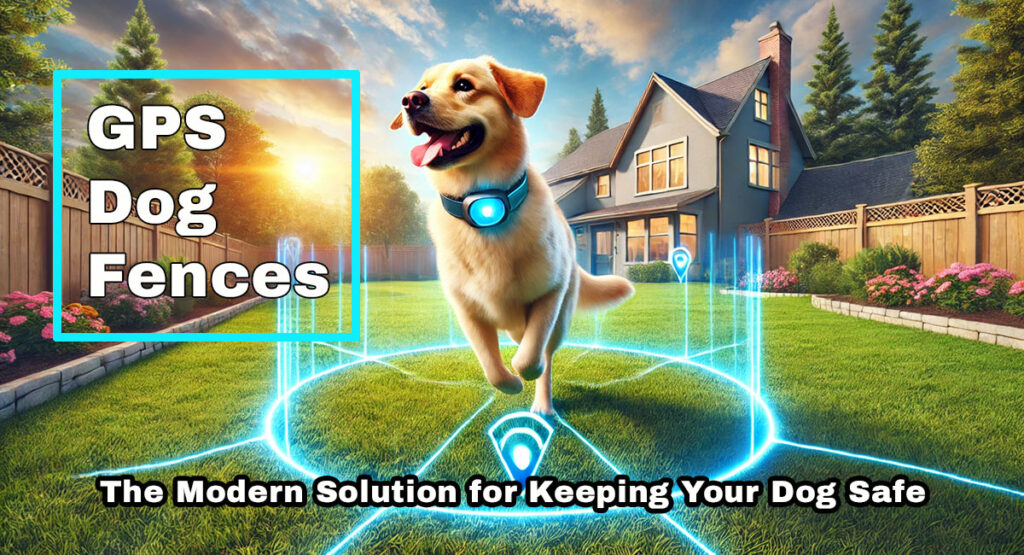 dog in a simulation of a GPS fence with text overlay that says "The Modern Solution for Keeping Your Dog Safe"