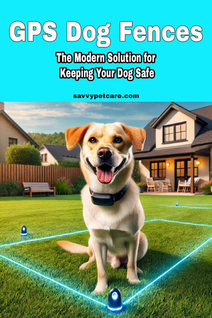 a dog in a simulated GPS Fence with text overlay that says "GPS Dog Fences The Modern Solution for Keeping Your Dog Safe"