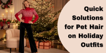 A woman in a festive red sweater and black pants standing confidently in front of a Christmas tree, smiling and looking polished. Her outfit is clean and free of pet hair, with warm holiday lights and decorations in the background creating a cheerful and cozy atmosphere.