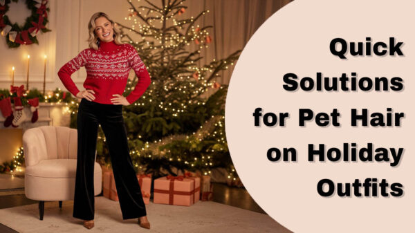 A woman in a festive red sweater and black pants standing confidently in front of a Christmas tree, smiling and looking polished. Her outfit is clean and free of pet hair, with warm holiday lights and decorations in the background creating a cheerful and cozy atmosphere.