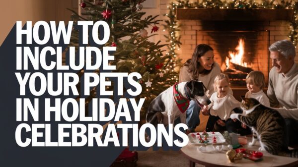 A family with their dog and cat. Text overlay says "How to Include Your Pets in Holiday Celebrations,"