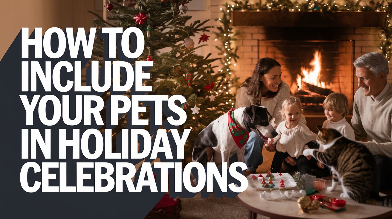 A family with their dog and cat. Text overlay says "How to Include Your Pets in Holiday Celebrations,"