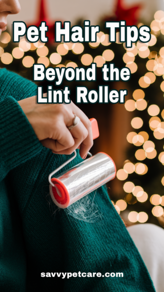 A close-up of a person using a lint roller on a green sweater to remove pet hair. The background features a cozy holiday setting with blurred warm lights and a Christmas tree, creating a festive and inviting atmosphere.