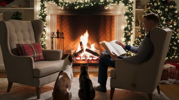 a cozy living room decorated for Christmas. a man is reading to a dog and a cat, one way to include your pet in holiday celebrations..