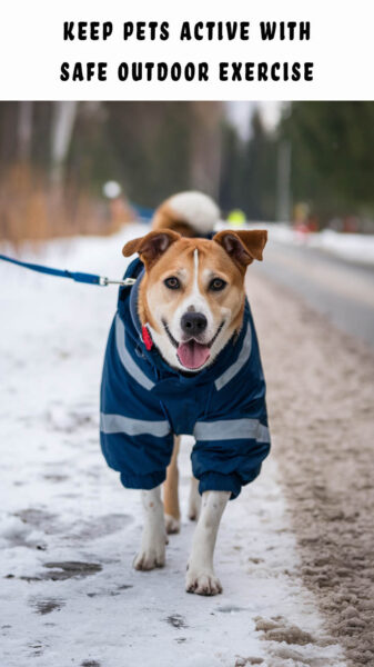 Keep pets active with safe outdoor activity like this dog walking in the snow wearing a coat.