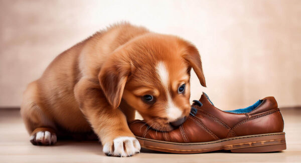 puppy chewing on a shoe