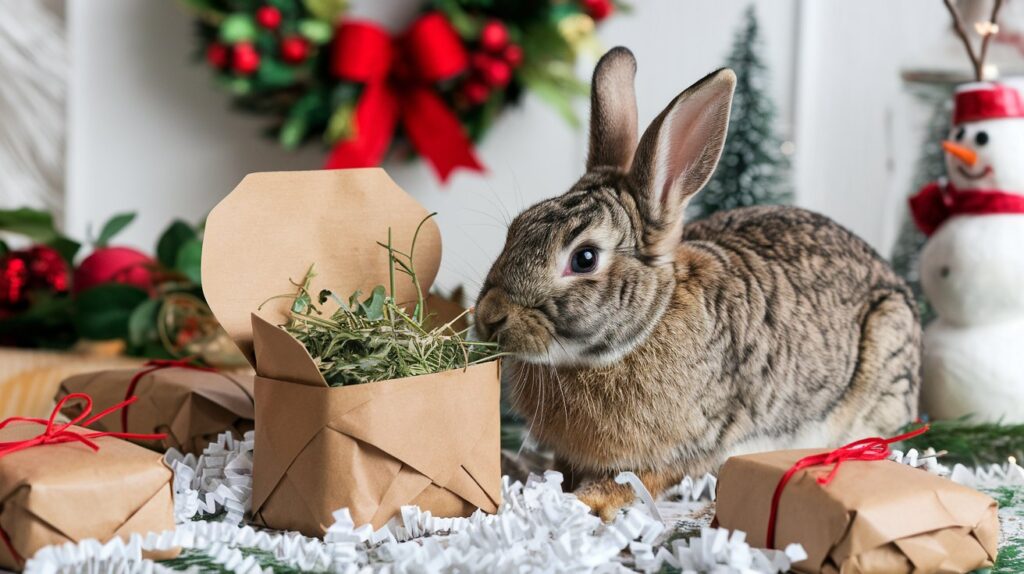 a rabbit looking at a package with greens in it - an enrichment idea for rabbits