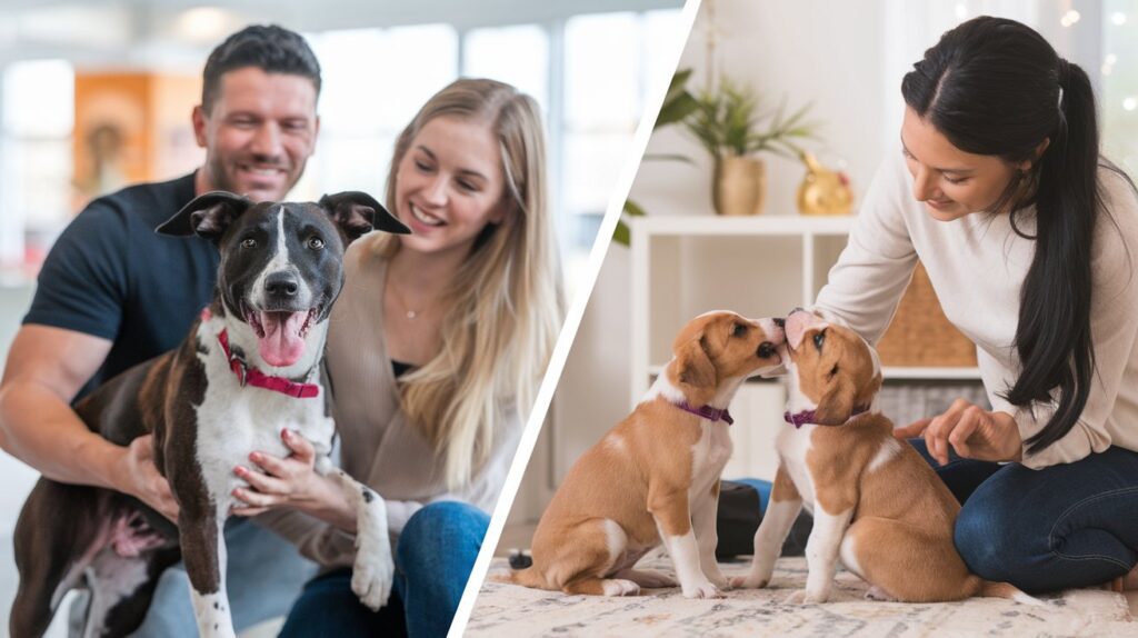 a split scene of a couple with a shelter pet and a breeder with puppies