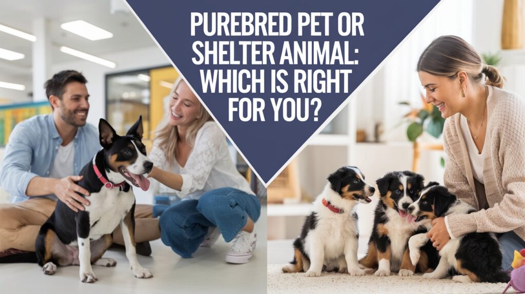 a split scene of a couple adopting a shelter pet and a breeder with puppies. Text overlay says "Purebred Pet or Shelter Animal: Which is Right for You?"