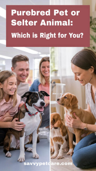 split scene of a family adopting a shelter pet and a breeder with puppies. Text overlay says "Purebred Pet or Shelter Animal: Which is Right for You?"