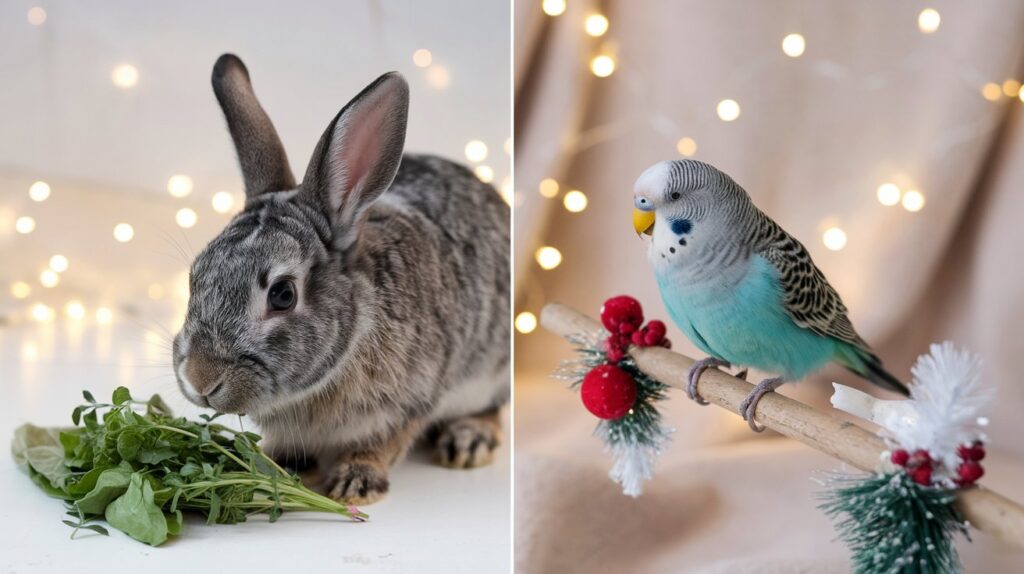 split image of a rabbit eating herbs and a parakeet on a decorated perch: enrichment ideas for birds and rabbits